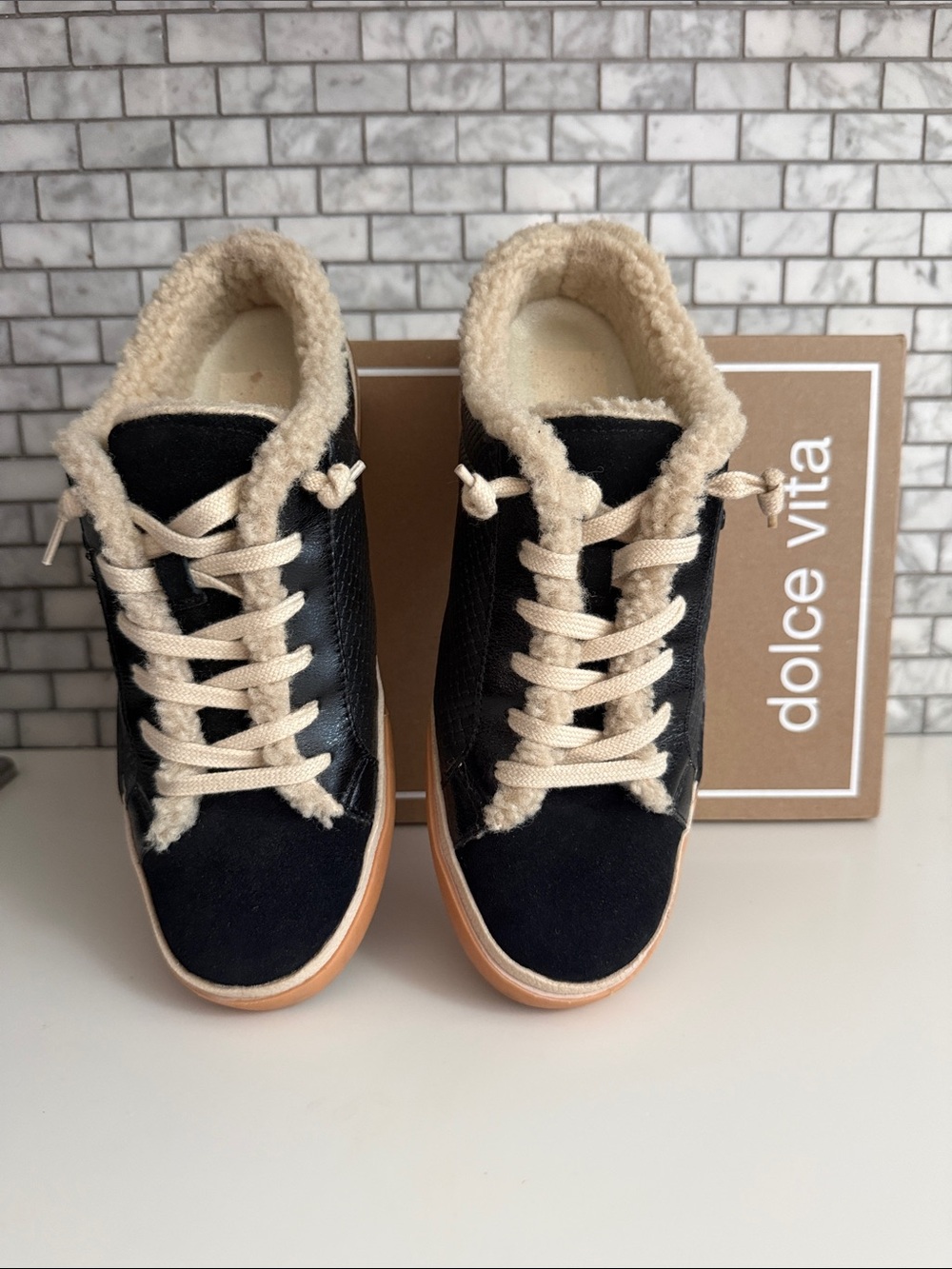 Dolce Vita Zantel Black Sneakers with Cream Faux-Shearling Trim - 9